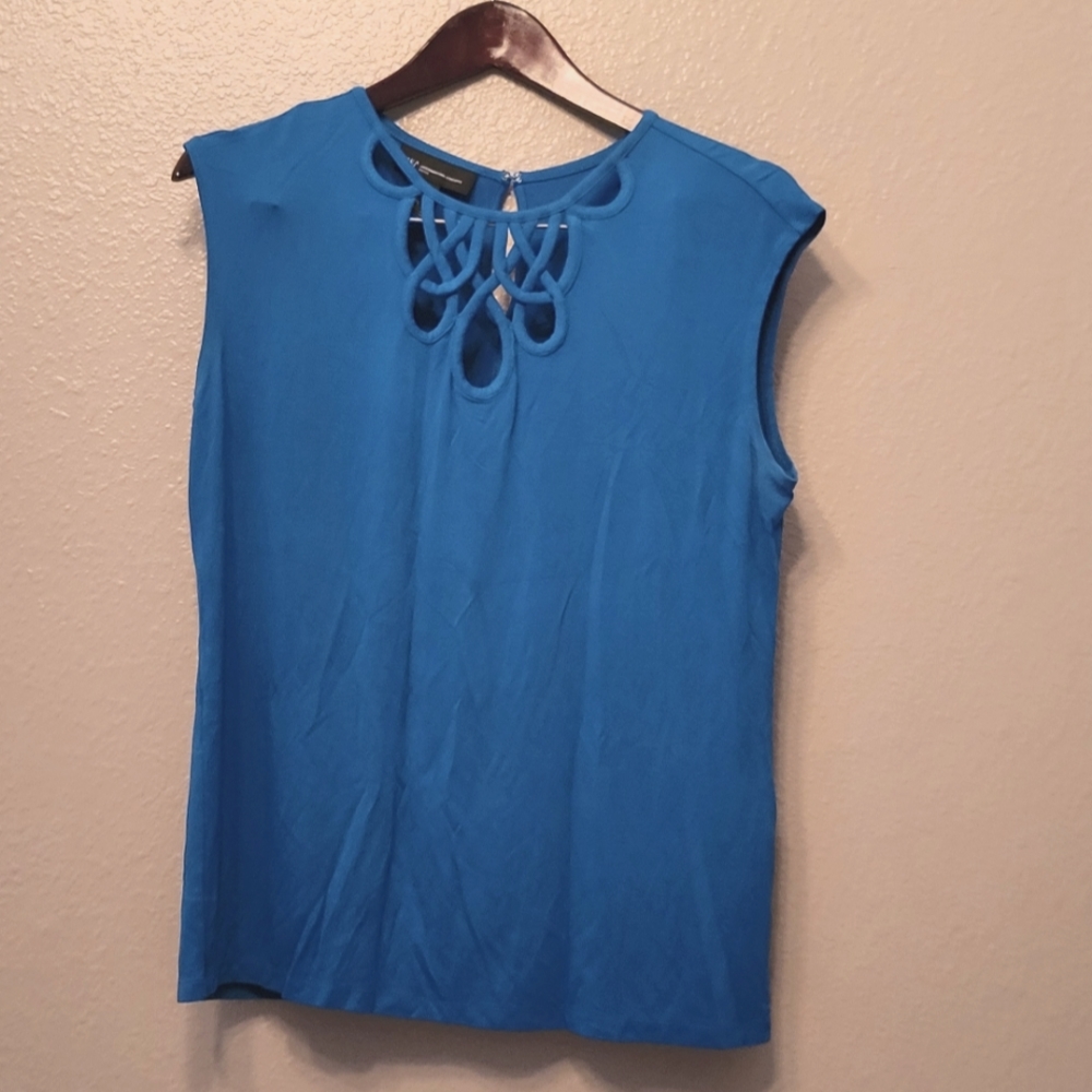 INC International Concepts Blue Short Sleeve Top Petite Large PL